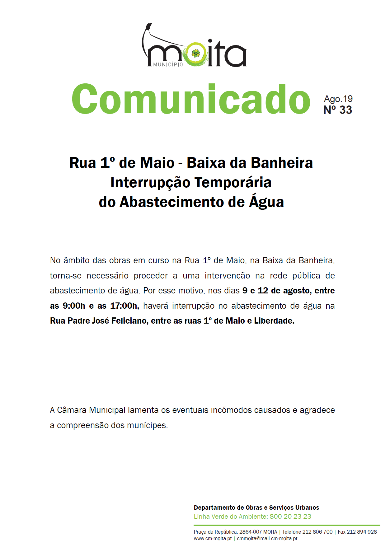1 de maio abastecimento de agua 9 e 12 agosto
