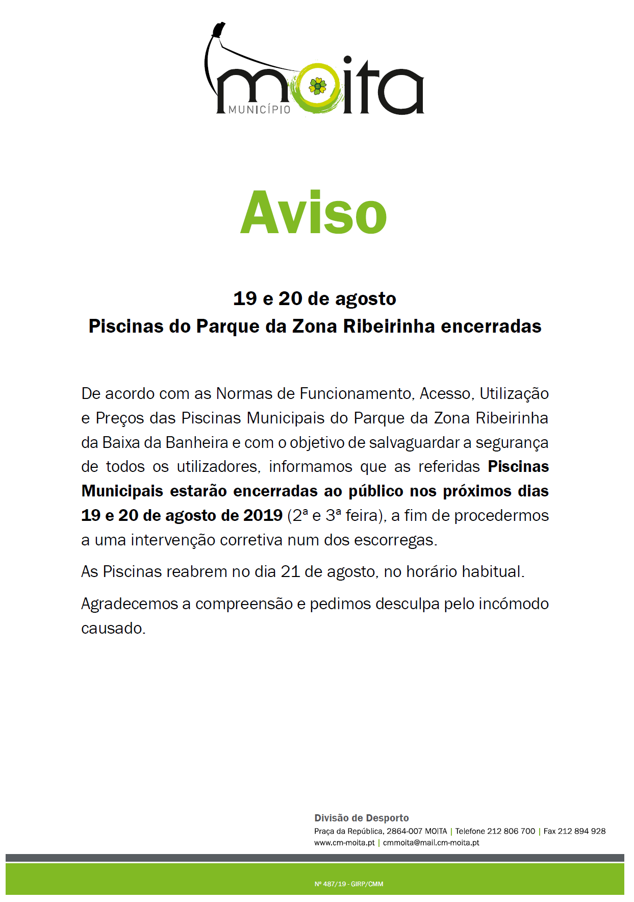 piscinas encerradas 19 e 20 agosto